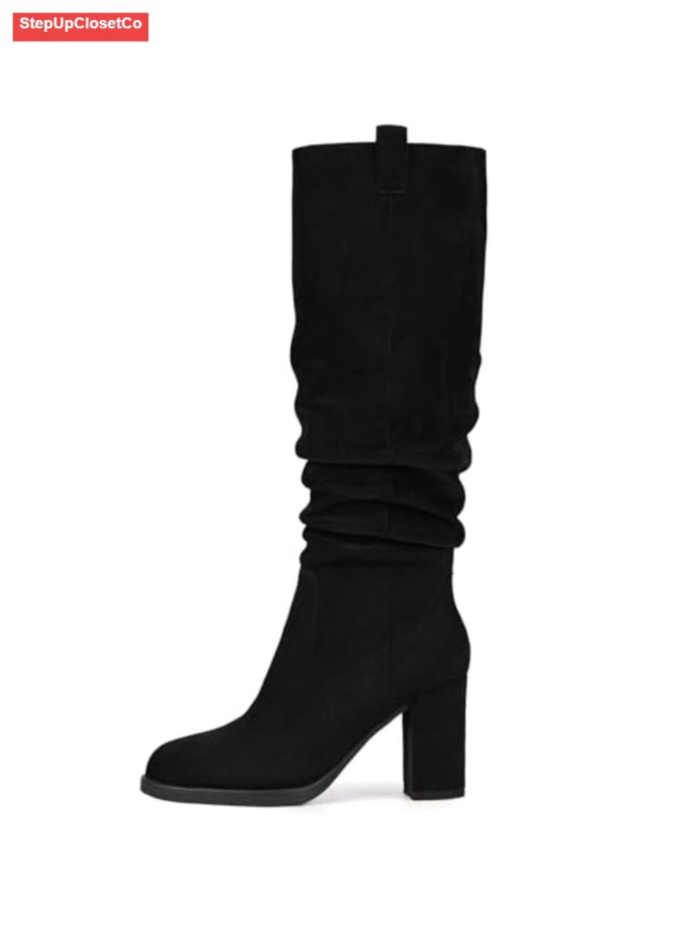 Faux Suede Knee High Boots Chunky Block Heel Side Zipper Slouch Tall Boots
